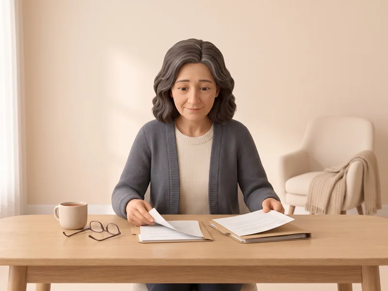 La fille trie des papiers à une table, calmement.