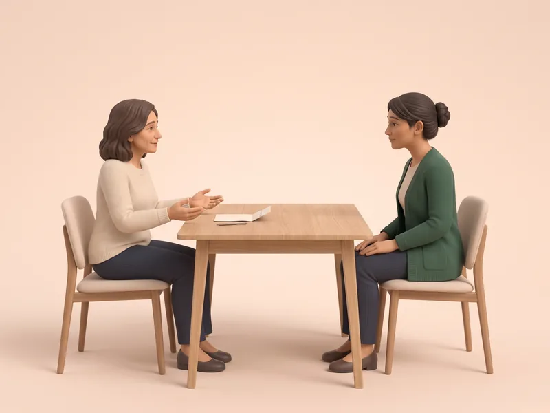 La fille et l'aide échangent calmement, face à face à une table.