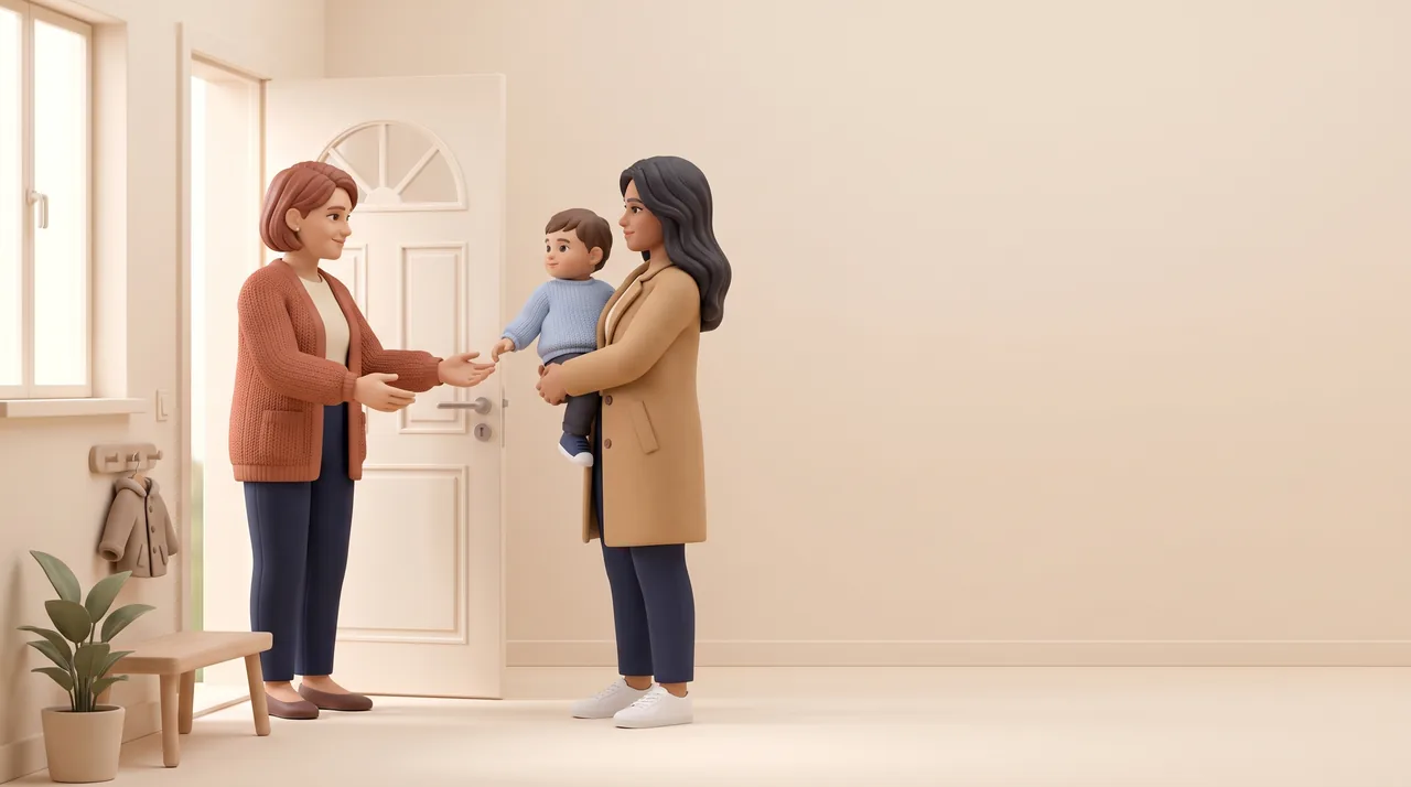 Une mère confie son enfant à l'assistante maternelle sur le pas de la porte.