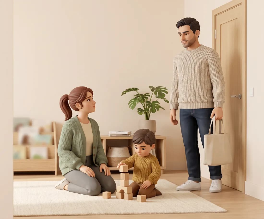 Un parent rentre avec ses courses ; la garde joue avec l'enfant sur le tapis.