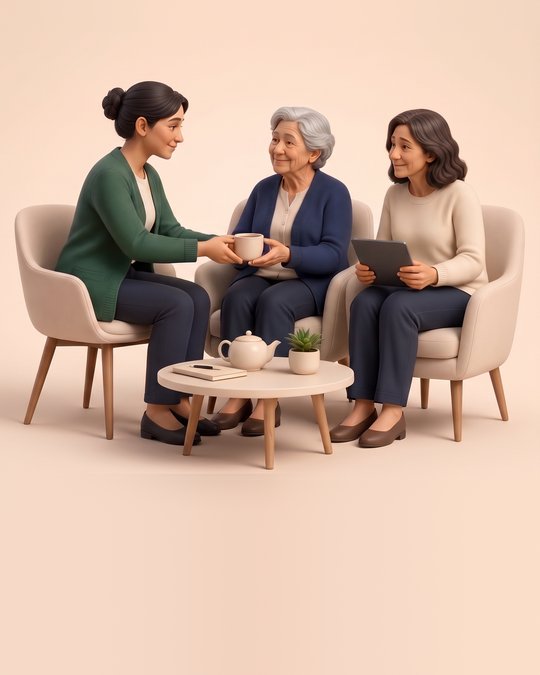 Une aide à domicile tend une tasse de thé à une femme âgée ; sa fille, assise à côté, tient une tablette.